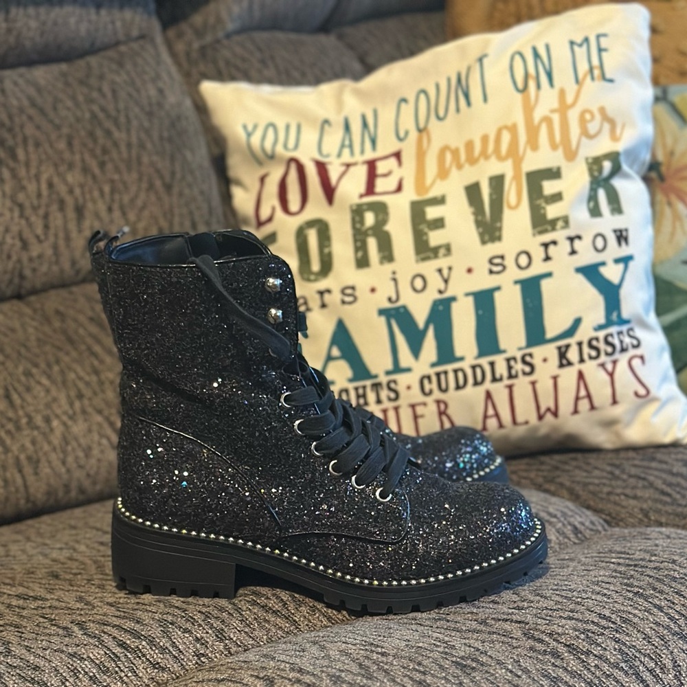 Black Glitter Combat Boots